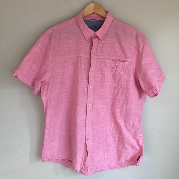 IZOD Shirt Mens XL Saltwater Button-Down Short Sleeve Pink Stripe Relaxed - Picture 1 of 8